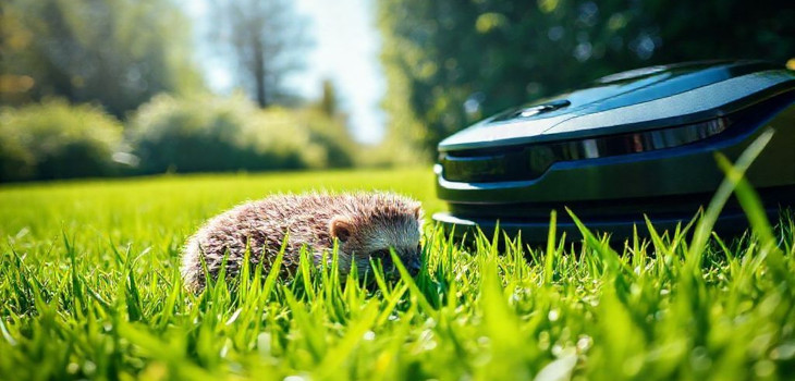 Mähroboter und Igel im Gras (AI generiert)